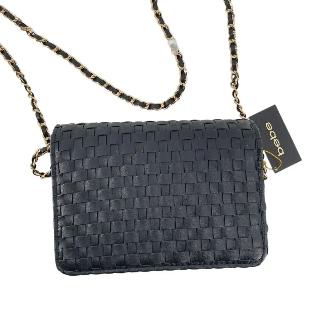 Bebe Yara Woven Vegan Leather Crossbody Bag Black Gold Chain NWT